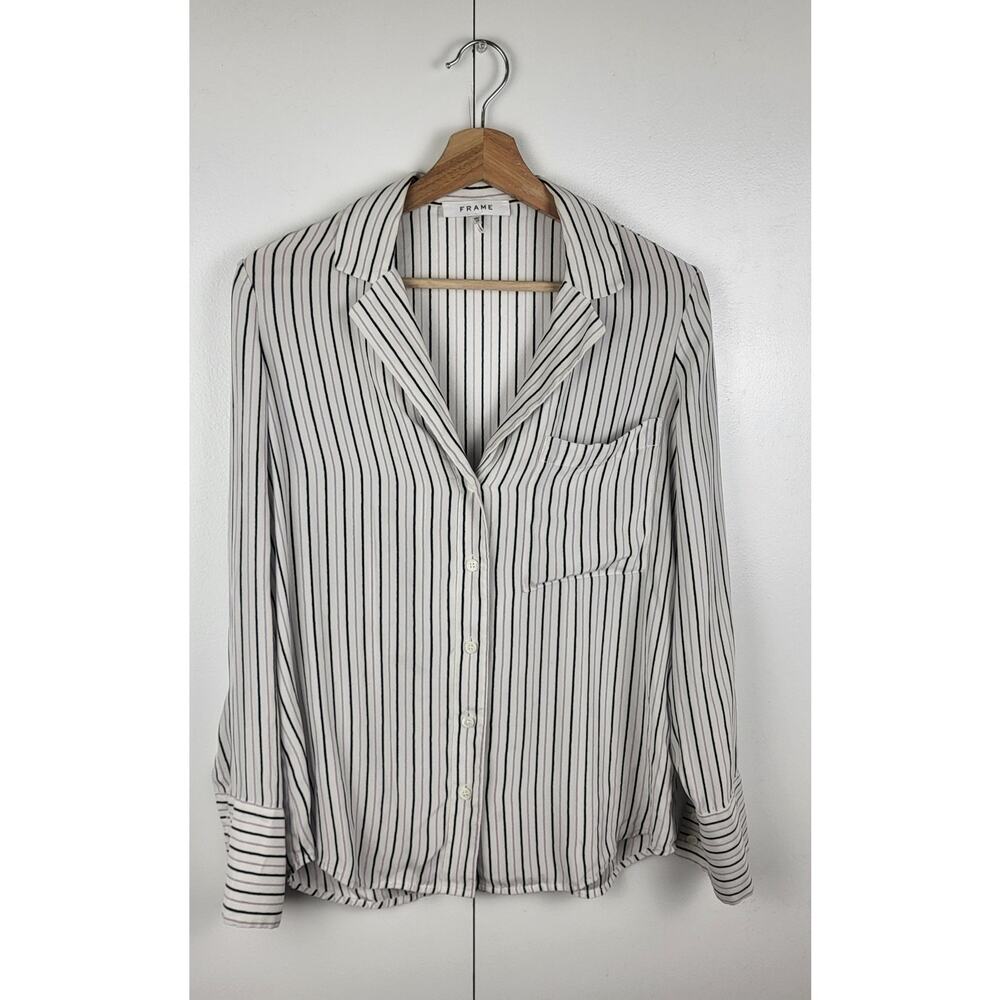 FRAME 100% Silk Striped Button Down Blouse | Black White XS - Picture 3 of 11
